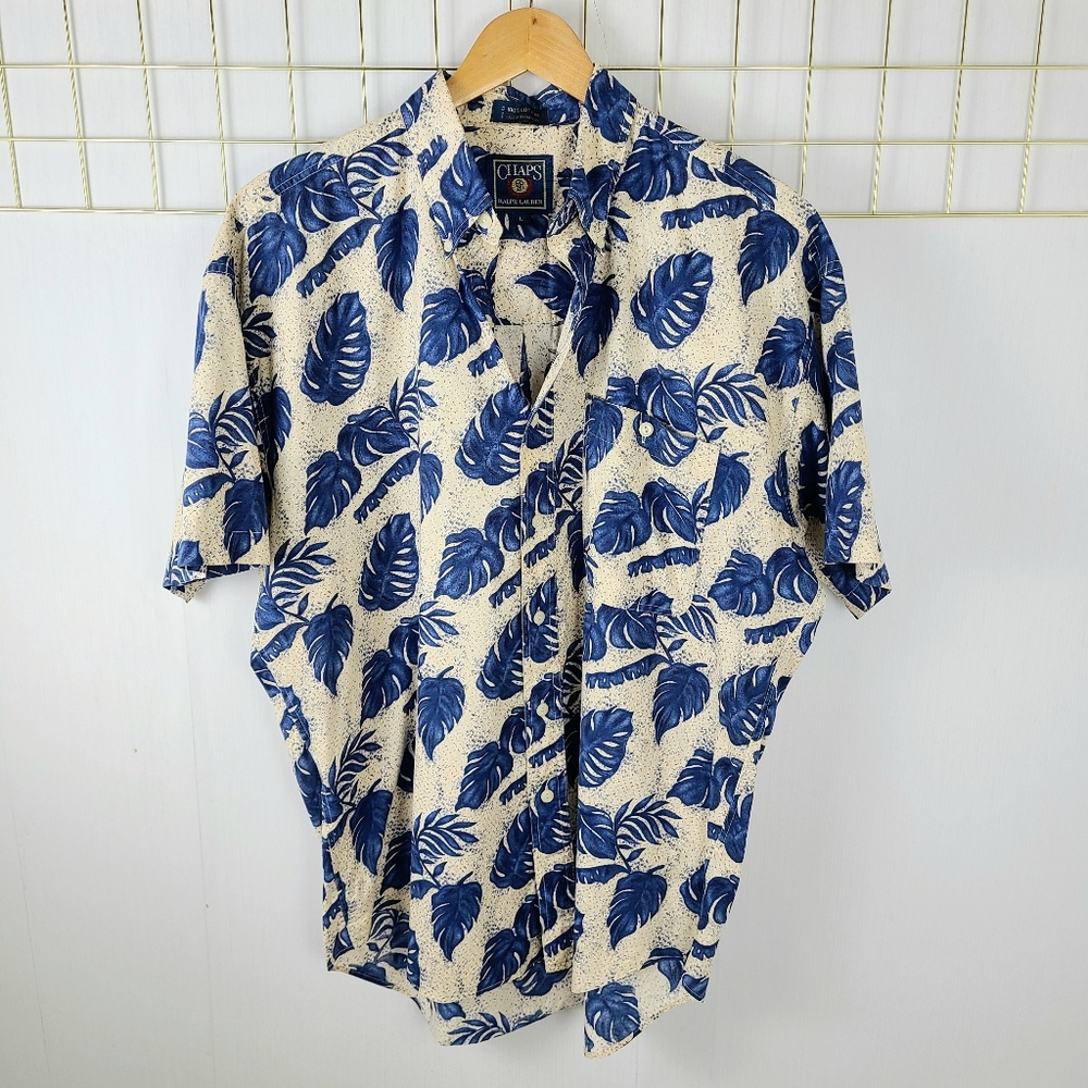 Chaps Ralph Lauren Vintage 90s Blue Tan Palm Print Hawaiian Button Down Shirt